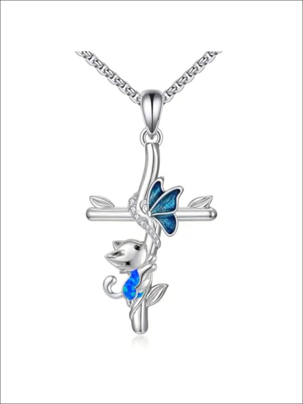 925 Sterling Silver Cat Cross Pendant Necklace Adjustable 22+2 Inch Chain